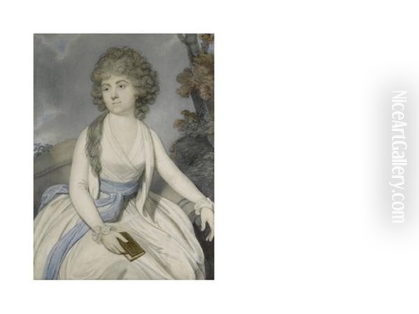 Mrs Elizabeth Palk Nee Lyde (1755-1828), Seated In A Landscape, Wearing White Coat And Dress With Frilled Lace Cuffs, The Lengths Of Blue Sash To Her Waist Falling Over Her Skirt - view 1