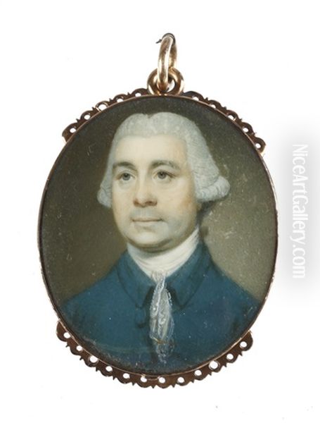 A Gentleman, Wearing Teal Green Coat, White Chemise, Stock And Lace Cravat, His Powdered Wig Worn En Queue And Tied With A Black Ribbon Bow - view 1