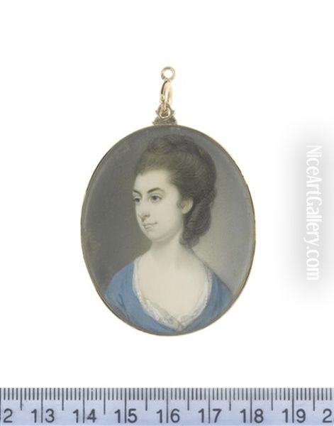 A Lady, Wearing Turquoise Dress Over Her White Lace Chemise, Her Hair Loosely Plaited, Upswept And Curled Into Rolls Behind Her Neck - view 1