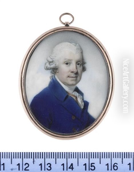 A Gentleman, Wearing Blue Coat, White Waistcoat Trimmed With Gold, White Stock And Lace Cravat, His Powdered Wig Worn En Queue And Tied With A Grey Ribbon Bow - view 1