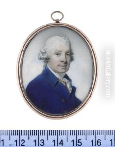 A Gentleman, Wearing Blue Coat, White Waistcoat Trimmed With Gold, White Stock And Lace Cravat, His Powdered Wig Worn En Queue And Tied With A Grey Ribbon Bow