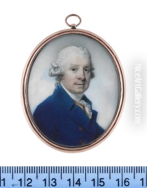 A Gentleman, Wearing Blue Coat, White Waistcoat Trimmed With Gold, White Stock And Lace Cravat, His Powdered Wig Worn En Queue And Tied With A Gray Ribbon Bow - view 1