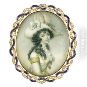 Portrait Of Miss Turner Of Uxbridge Wearing A White Dress Trimmed With Gold Braid And A Large Plumed Hat With Bows