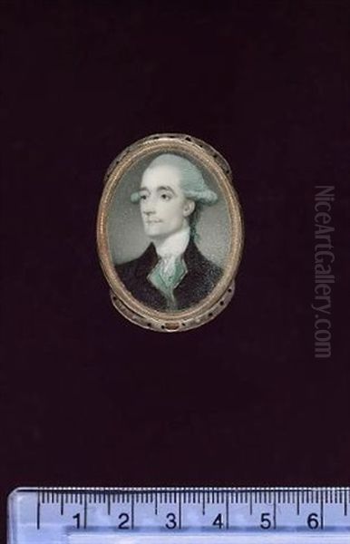 A Gentleman Wearing Black Coat, Gold Trimmed Leaf-green Waistcoat, White Lace Cravat And Powdered Wig Worn En Queue - view 1