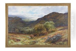 An Extensive Autumnal Coastal Landscape With Figures Harvesting by James Henry Crossland