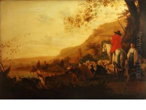 Drovers With Their Flocks By A River, A Farmhouse Beyond by Joseph Arthur Crowe