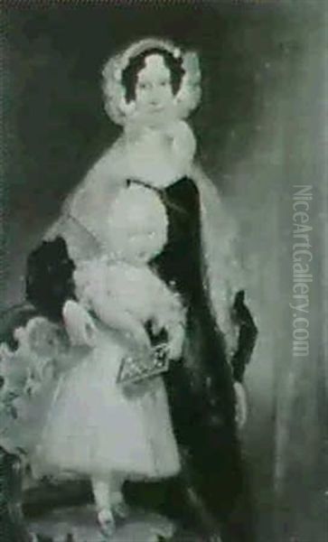 Portrait Of A Mother And Childthe Child Standing On An Arm- Chair, Holding An Abacus - view 1