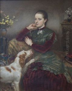 A Lady Seated In A Parlour With A Liver And White Spaniel
