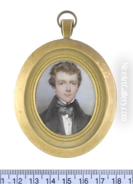 A Gentleman, Wearing Black Coat And Waistcoat With Dark Green Collars, White Chemise With Gold Buttons, Dark Green Stock And Tied Cravat - view 1