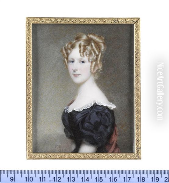 Charlotte Esther Lister (1808-1827), Wearing Black Dress With White Lace Trim, Red Stole, Her Blonde Hair Elaborately Upswept And Curled In Ringlets - view 1