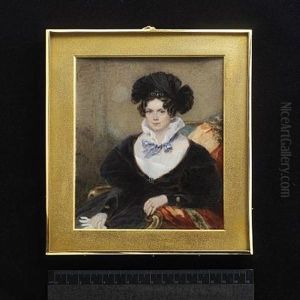 A Lady, Seated, Wearing Black Dress With White Fill-in And Standing Frilled Collar Tied With A Pale Blue Ribbon Bow, Black Headdress With Jewelled Pin, She Holds A White Glove