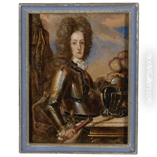 Portrait Of A Nobleman, Prince Eugen Of Savoy (?) Wearing A Full Bottomed Wig, Armour, Holding A Baton With His Right Hand, Resting On A Helmet With His Left - view 1