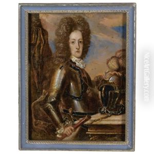 Portrait Of A Nobleman, Prince Eugen Of Savoy (?) Wearing A Full Bottomed Wig, Armour, Holding A Baton With His Right Hand, Resting On A Helmet With His Left