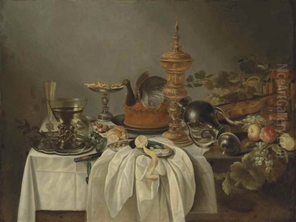 A Pewter Jug, A Game Pie, A Silver Tazza, Roemers And A Facon-de-venise Flute On A Pewter Platter, With A Partly-peeled Lemon, A Dish Of Olives, And Other Fruit, On A Partially Draped Table - view 1