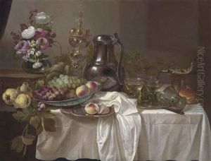 Grapes And Peaches In A Wan-li Porcelain Bowl, Roemers On A Pewter Platter, Peonies, Roses And Other Flowers In A Vase On A Wooden Box, With Pears by Cornelis Cruys