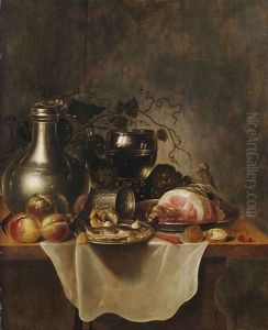Fruhstucksstilleben Mit Zinnkrug, Romerglas, Schinken, Matjeshering Und Obst Auf Einem Holztisch