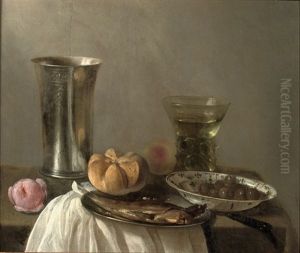 A Silver Beaker, A Herring On A Pewter Plate, A Wan-li Bowl With Olives And A Roemer, All On A Partially Draped Table by Cornelis Cruys