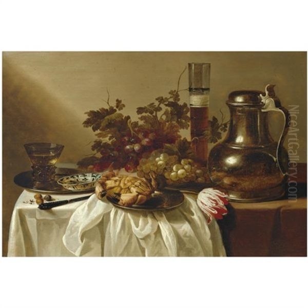 Still Life With A Pewter Flagon Together With A Glass Of Beer, A Crab, A Blue-and-white Dish And A Roemer On Pewter Dishes, Together With A Knife, Hazelnuts, A Tulip And Bunches Of Grapes On A Table P - view 1