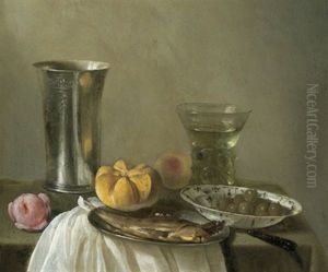 Stillleben Mit Silbernem Becher, Gefulltem Weinglas, Hering, Semmel Und Oliven In Einer Porzellanschale by Cornelis Cruys