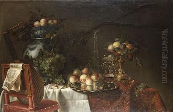 A Wan-li Kraakware Dish Filled With Peaches, Pears And Grapes Atop A Chinese Baluster Form Jar, With A Silver Gilt Tazza Of Plums And Apples, And A Silver Charger Of Cobb Nuts, Peaches And Apples - view 1