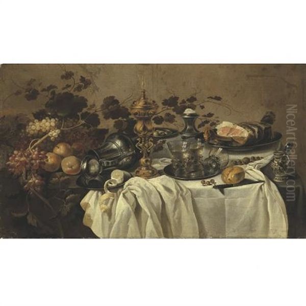 A Gilt Cup And Cover, An Overturned Pewter Jug, Fruit, A Ham On A Pewter Plate, Three Berkmeyer Glasses On A Pewter Plate, A Salt, A Porcelain Mustard Pot, A Knife And A Partly Peeled Lemon On A Table - view 1