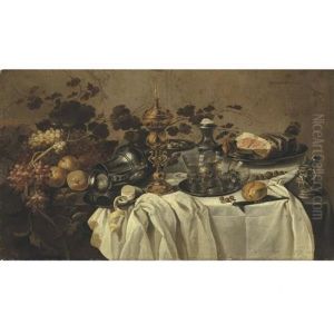 A Gilt Cup And Cover, An Overturned Pewter Jug, Fruit, A Ham On A Pewter Plate, Three Berkmeyer Glasses On A Pewter Plate, A Salt, A Porcelain Mustard Pot, A Knife And A Partly Peeled Lemon On A Table by Cornelis Cruys