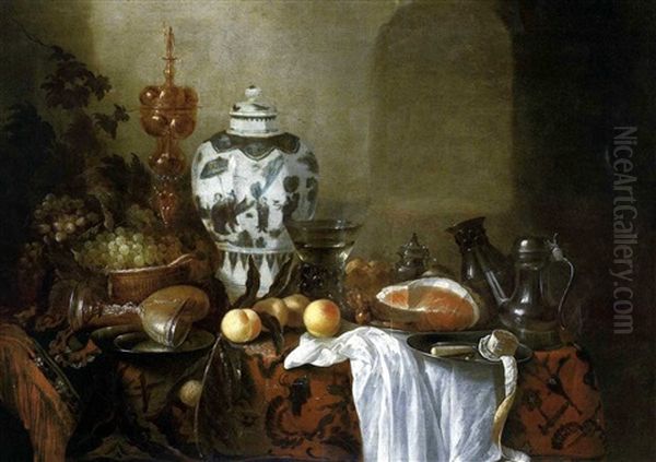 Stilleben Mit Einer Ming-vase, Zwei Pokalen, Zinngeschirr, Einem Gefullten Weinglas Sowie Einem Schinken, Weintrauben Und Pfirsichen Auf Einem Kostbaren Orientteppich - view 1