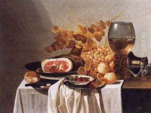 Nature Morte De Fruits Et Jambon Voisinant Sur Un Entablement Avec Un Pichet Et Un Verre De Vin