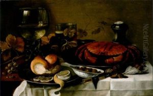 A Roemer Of White Wine, A Lobster On A Pewter Salver, Bread And A Peeled Lemon, A Porcelain Dish With Olives, A Glass Of Beer, A Salt-cellar With Walnuts And Grapes by Cornelis Cruys
