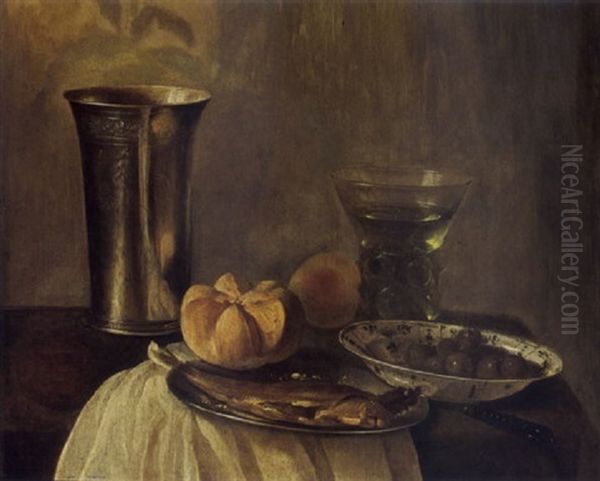 A Still Life With A Silver Beaker, A Herring On A Pewter Plate, A Bun, A Peach, A Roemer, And Olives In A Wan-li Bowl Together With A Knife On A Table - view 1