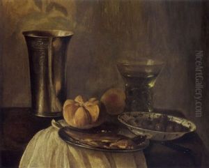 A Still Life With A Silver Beaker, A Herring On A Pewter Plate, A Bun, A Peach, A Roemer, And Olives In A Wan-li Bowl Together With A Knife On A Table by Cornelis Cruys