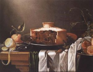 A Pie On A Silver Dish With A Partially Peeled Lemon, Oranges And Cobb Nuts On A Draped Table