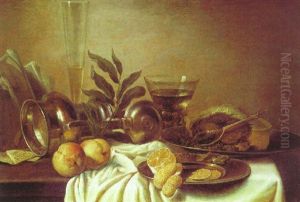 Nature Morte A La Tourte Et Au Vase Rohmer Sur Un Entablement