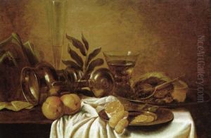 Stilleben Mit Zinnkrug, Fruchten, Champagner- Und Weinglas, Pastete Und Zitrone Auf Zinnteller by Cornelis Cruys