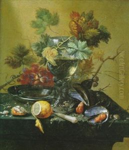 Nature Morte Au Verre Rohmer, Raisins Et Citron Sur Un Entablement