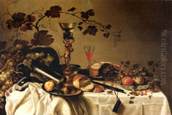 Stilleben Mit Fruchten In Einer Delfter Schale, Brombeerpastete, Zinngeschirr, Verschiedenen Glasern Und Trauben - view 1