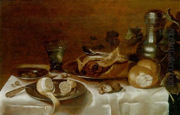 A Pie, A Bread Roll, Wallnuts And Hazelnuts, A Partly Peeled Lemon And Other Objects On A Partly Draped Table - view 1