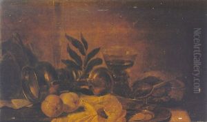 A Still Life Of A Silver Cup And Cover, A Venetian Glass, A Roemer, Peaches And Other Objects On A Wooden Table