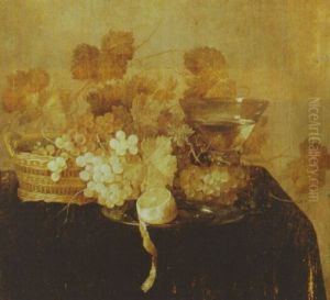 Grapes In A Wicker Basket, A Roemer And A Peeled Lemon On A Pewter Plate, On A Draped Table