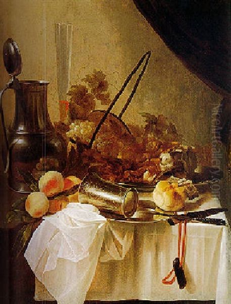 A Still Life Of Meat, Bread, Fruit And Objects On A Table - view 1