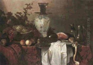 A Still Life Of A Basket Of Grapes And Vines, Jar, Ham, More Fruit, Roemer, Olives And A Pewter On A Table