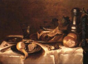 Still Life Of A Pie, Lemons, And Other Food And Dishes On A Draped Table