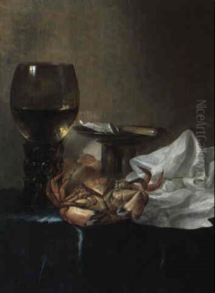 Still Life With Roemer, Tazza, Knife And Crab On A Draped Table - view 1