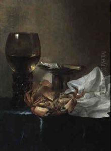 Still Life With Roemer, Tazza, Knife And Crab On A Draped Table