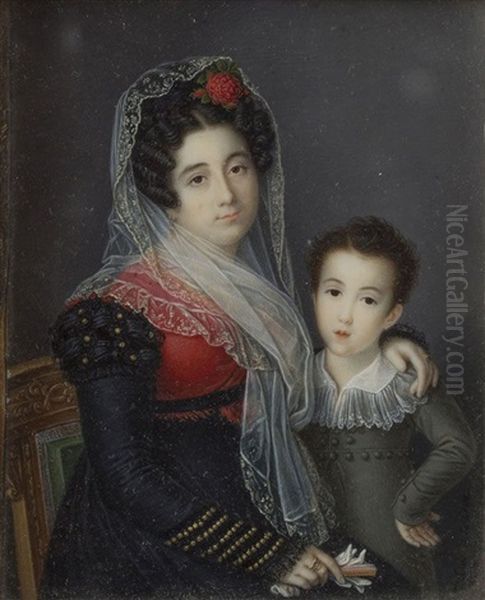 Retrato De Dona Rosario Fernandez De Santillana Y Su Hijo Tirso Tellez Giron (1817-1871) - view 1