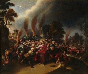 Prendimiento De Cristo Con San Pedro Cortando La Oreja A Malco Y Al Fondo La Oracion En El Huerto by Luis de la (El Canario) Cruz y Rios