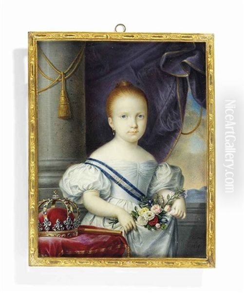 Isabella Ii (1830-1904), Queen Of Spain, In White Dress, Wearing The Blue And White Striped Moire Sash Of The Royal Spanish Order Of Charles Iii, Holding A Bouquet Of Flowers - view 1