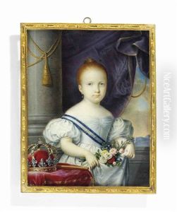 Isabella Ii (1830-1904), Queen Of Spain, In White Dress, Wearing The Blue And White Striped Moire Sash Of The Royal Spanish Order Of Charles Iii, Holding A Bouquet Of Flowers