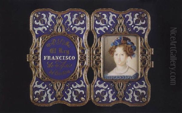 The Infanta Luisa Carlota Of Spain Wearing Red And White Bordered Blue Ribbons In Her Hair, Blue Dress With White Lace Collar, Pearl Necklace And Earring - view 1