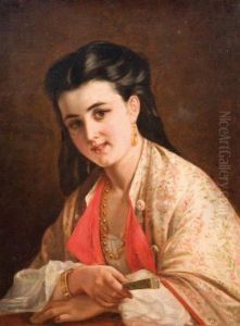 Portrait De Femme A L'eventail by Alexandre Antigna